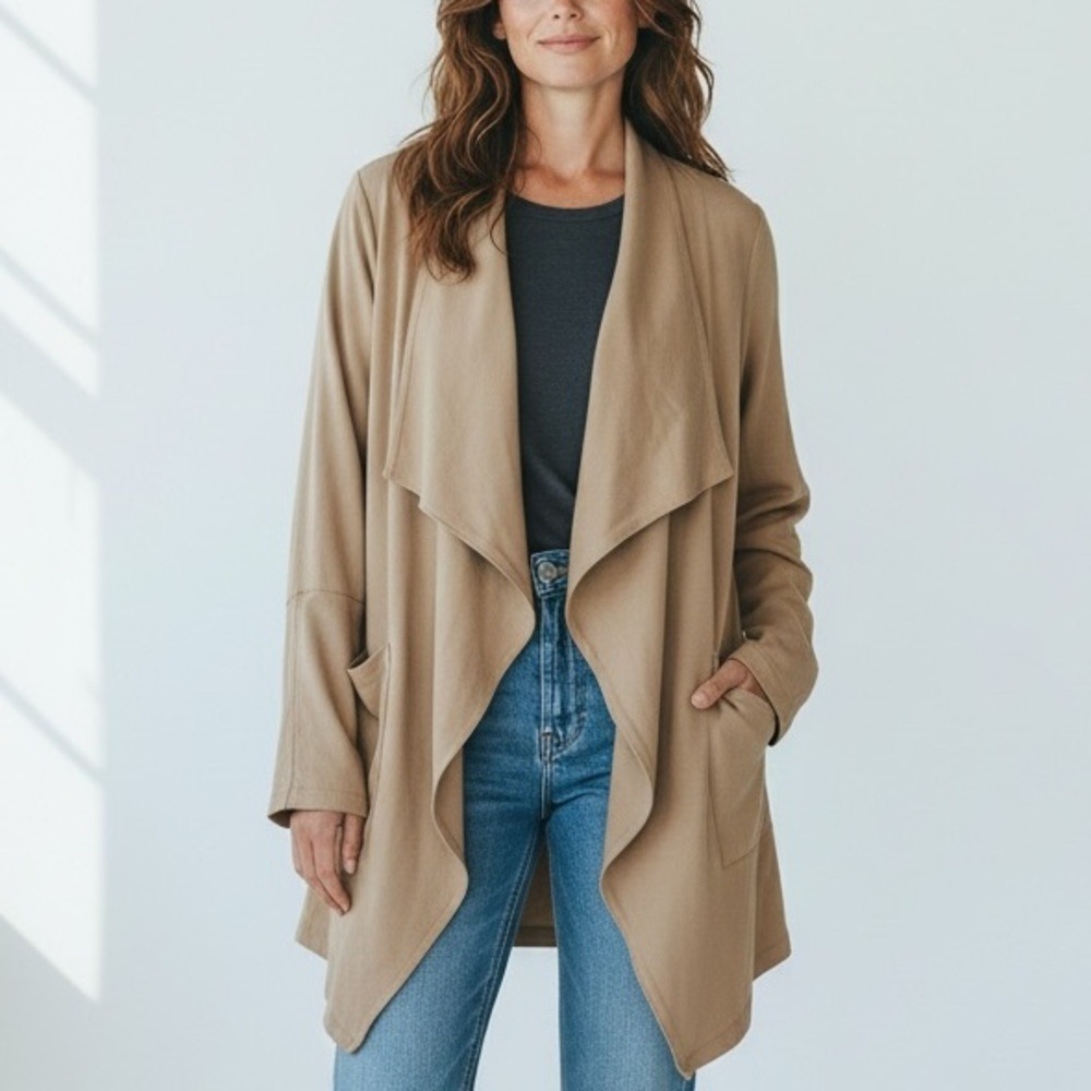 P.CILL Draped Open Front Jacket Women Medium Tan Olive